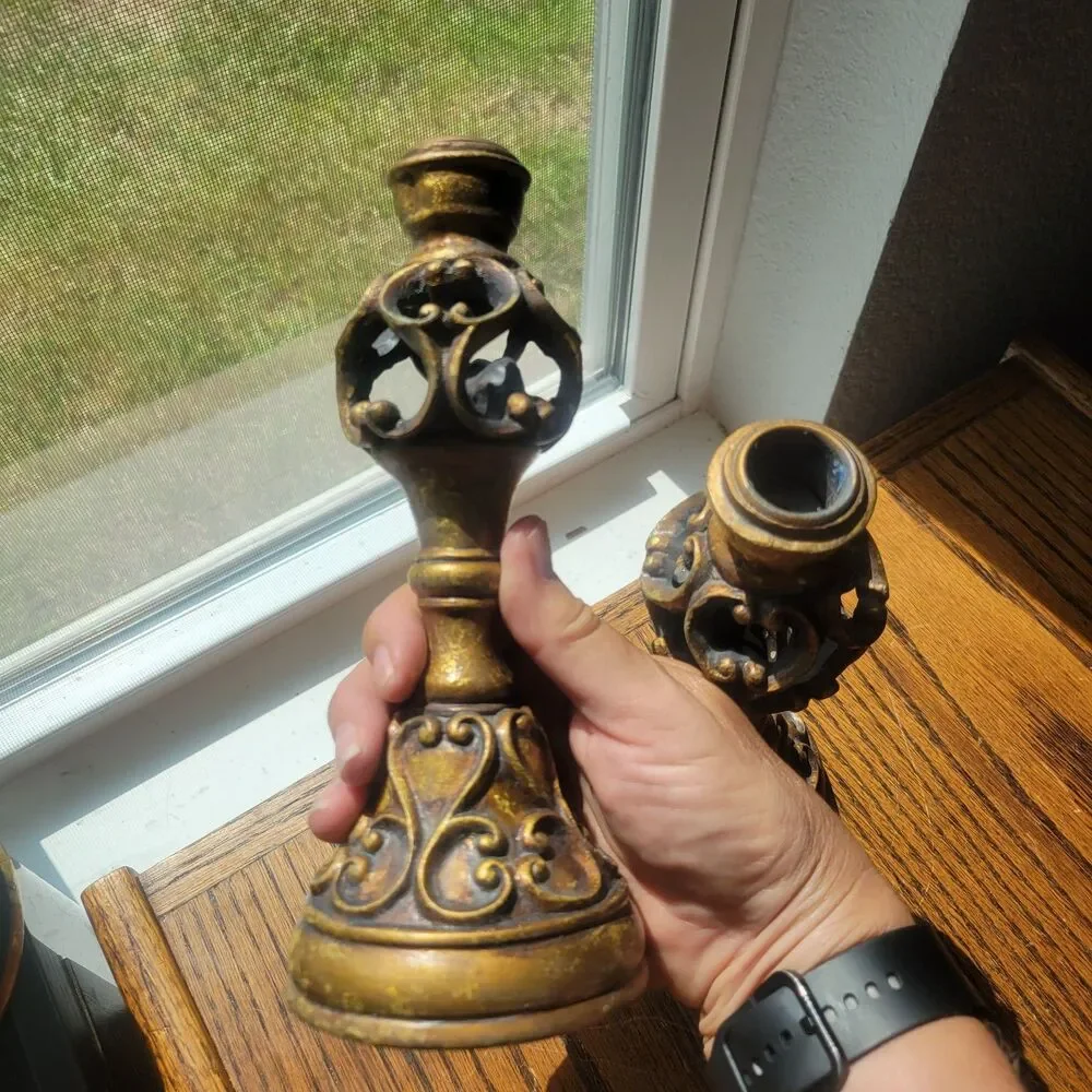 Ornate Candle Scroll Holder Gold Tone  Beige Resin 8 Inches Tall Par Lot Of 2 VG